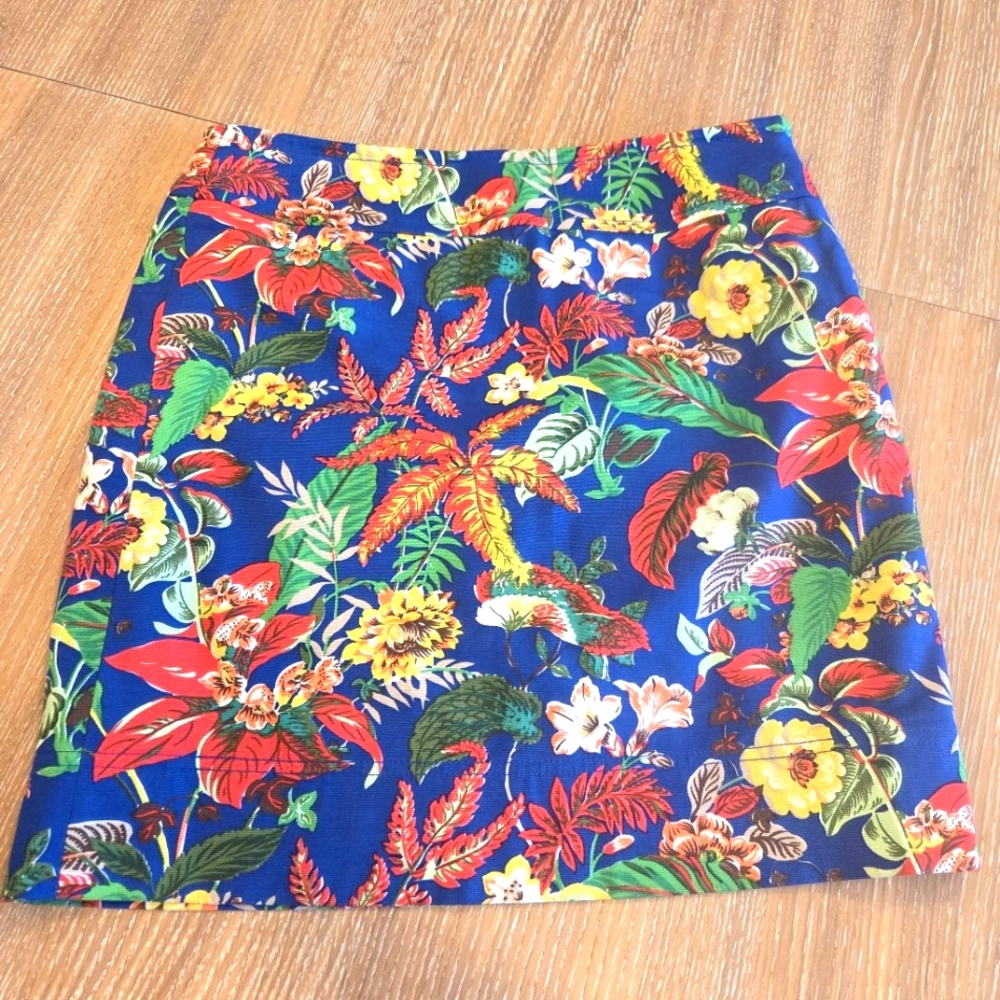 Talbots Tropical Floral Skirt Royal Blue Straight Short/Knee Length Size…